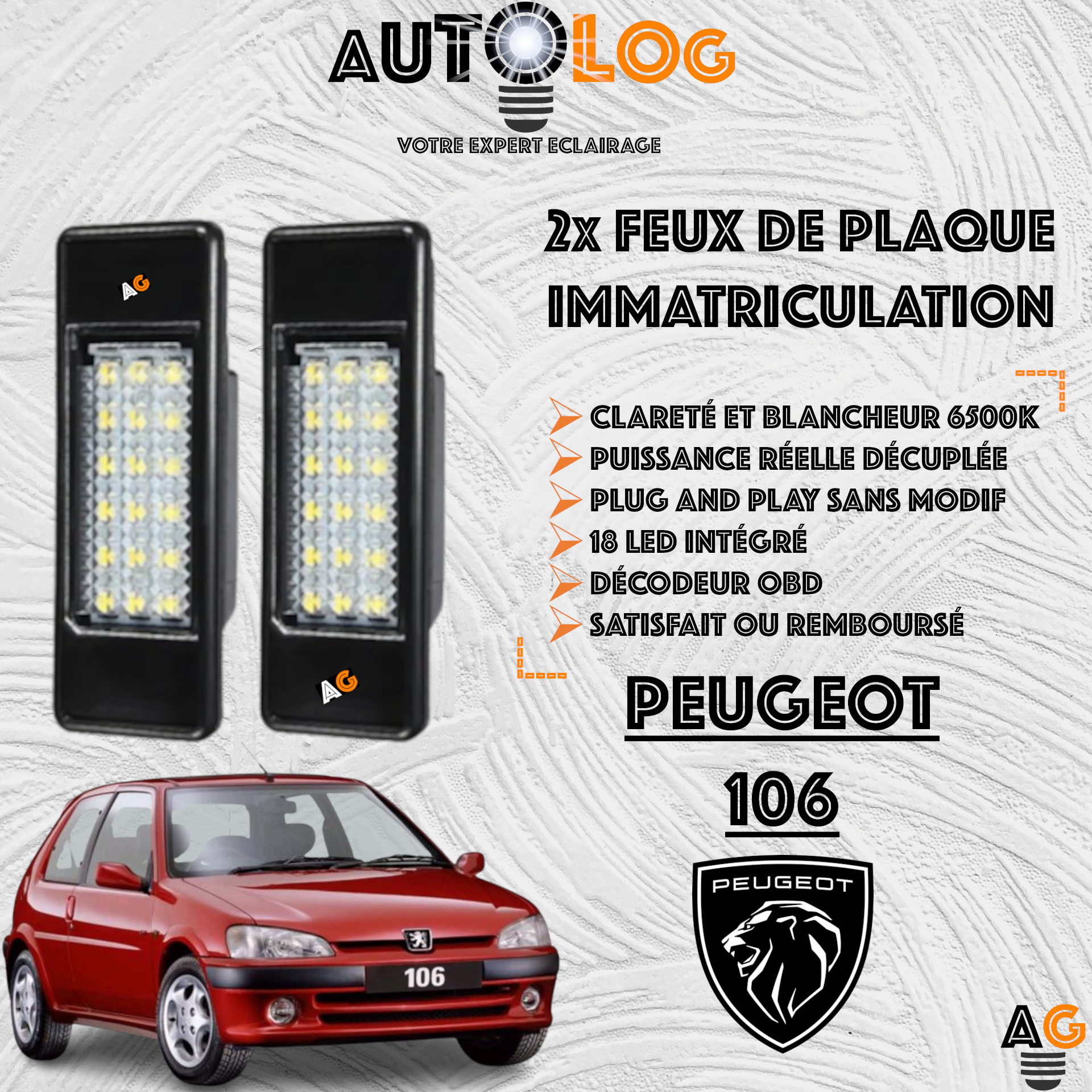 2x Feux de plaque d'immatriculation LED Peugeot 106