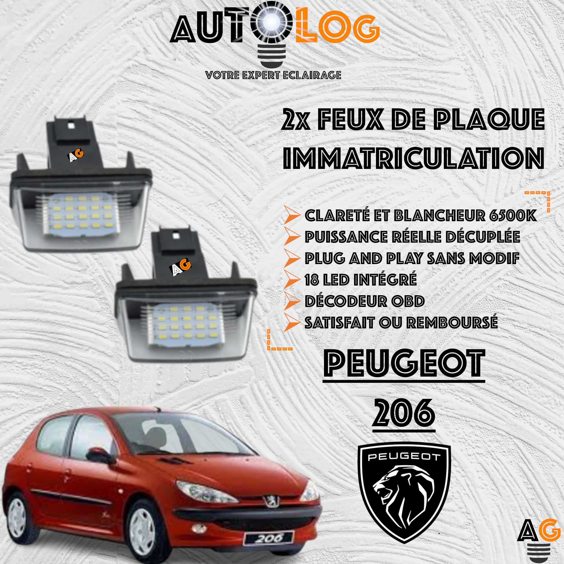 2x Feux de plaque d'immatriculation LED Peugeot 206