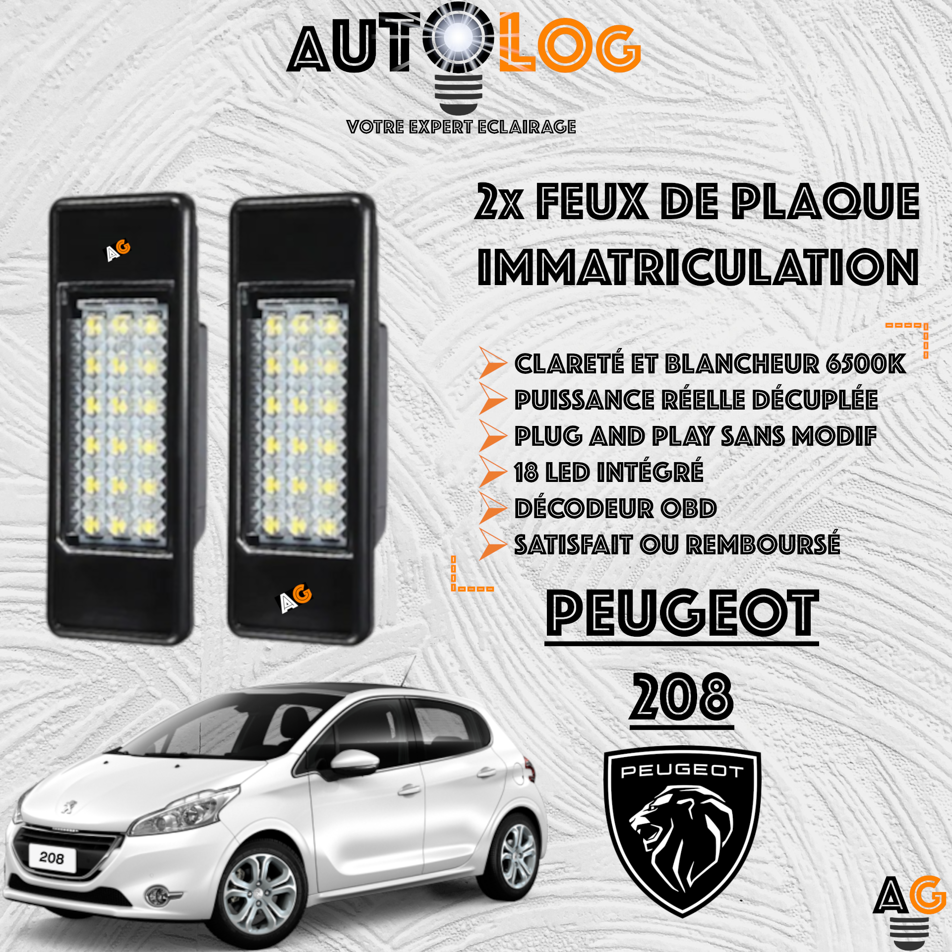 2x Feux de plaque d'immatriculation LED Peugeot 208
