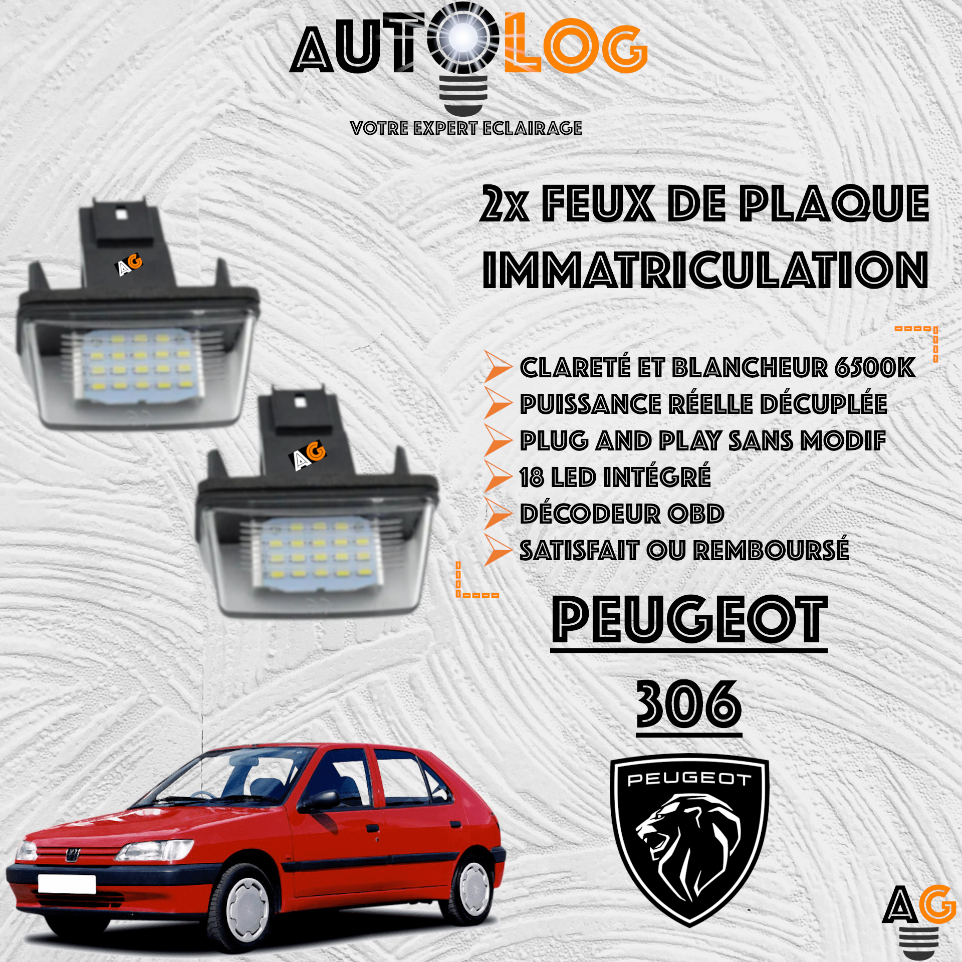 2x Feux de plaque d'immatriculation LED Peugeot 306