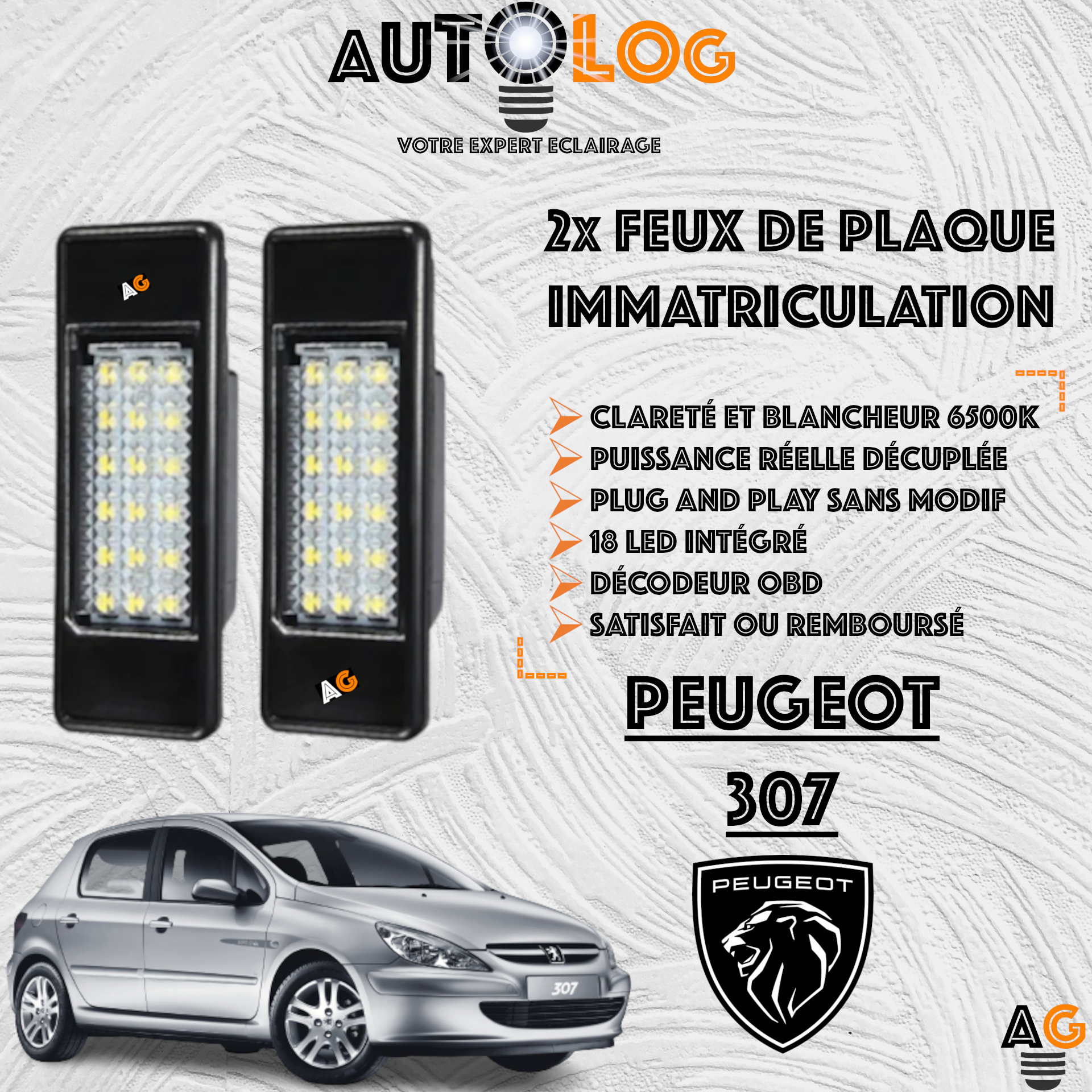 2x Feux de plaque d'immatriculation LED Peugeot 307