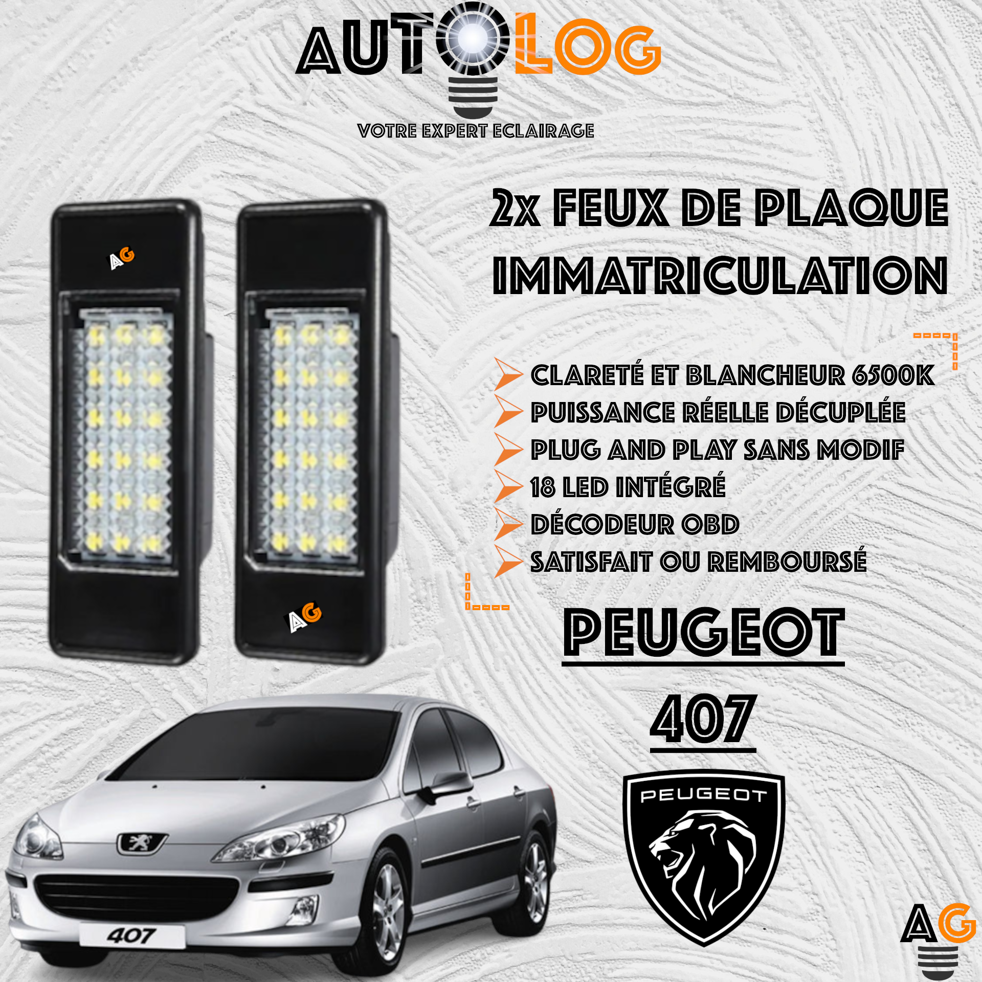 2x Feux de plaque d'immatriculation LED Peugeot 407
