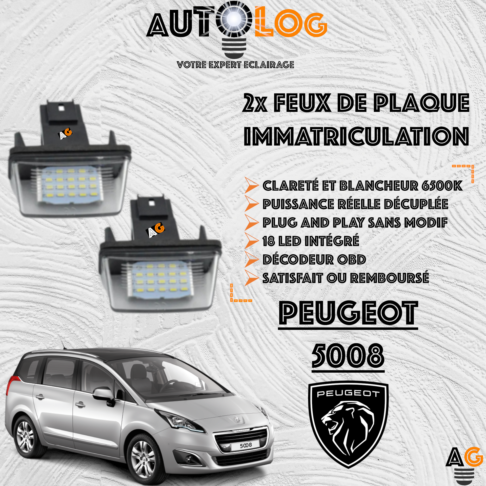 2x Feux de plaque d'immatriculation LED Peugeot 5008