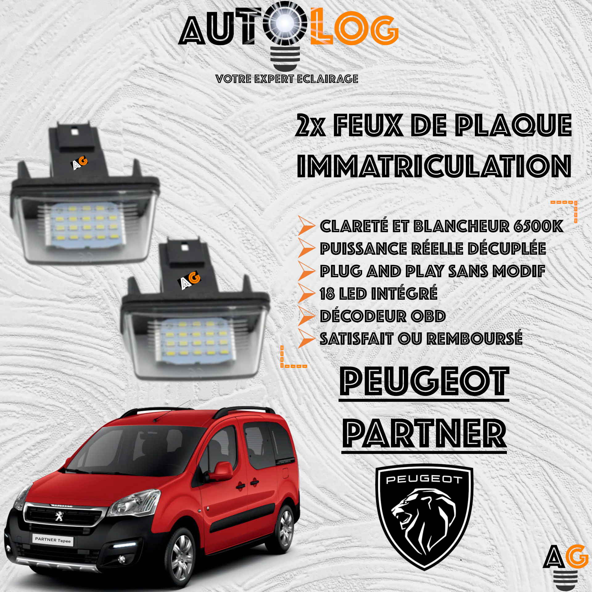2x Feux de plaque d'immatriculation LED Peugeot Partner III