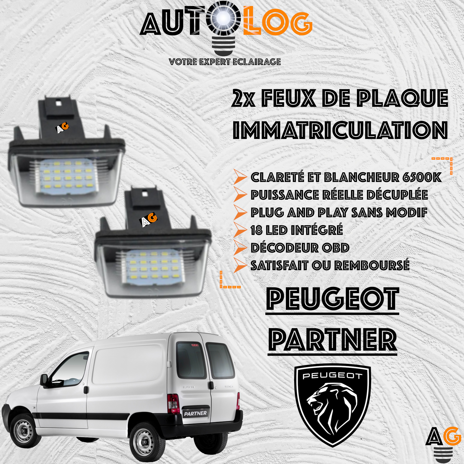 2x Feux de plaque d'immatriculation LED Peugeot Partner I