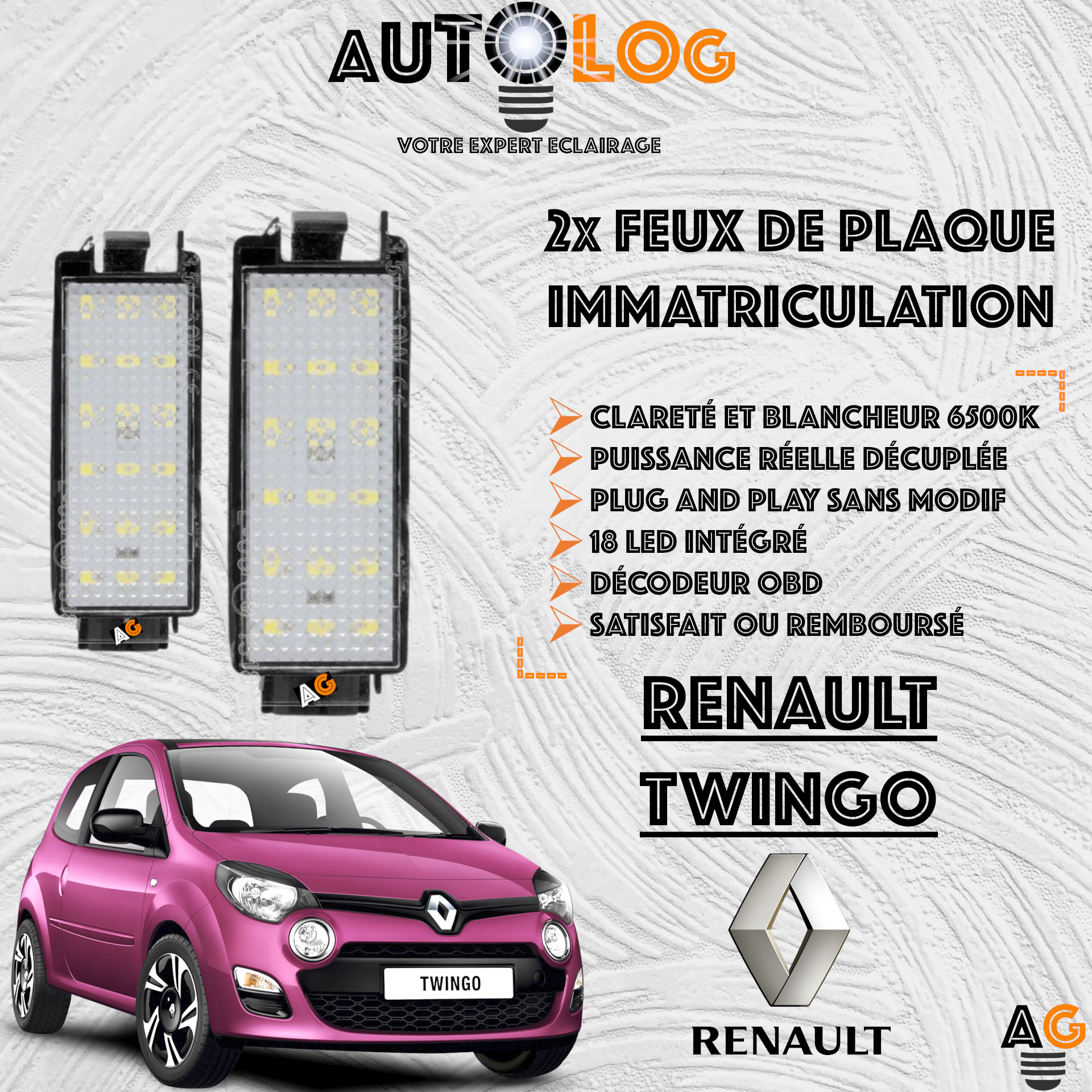 2x Feux de plaque d'immatriculation LED Renault Twingo II