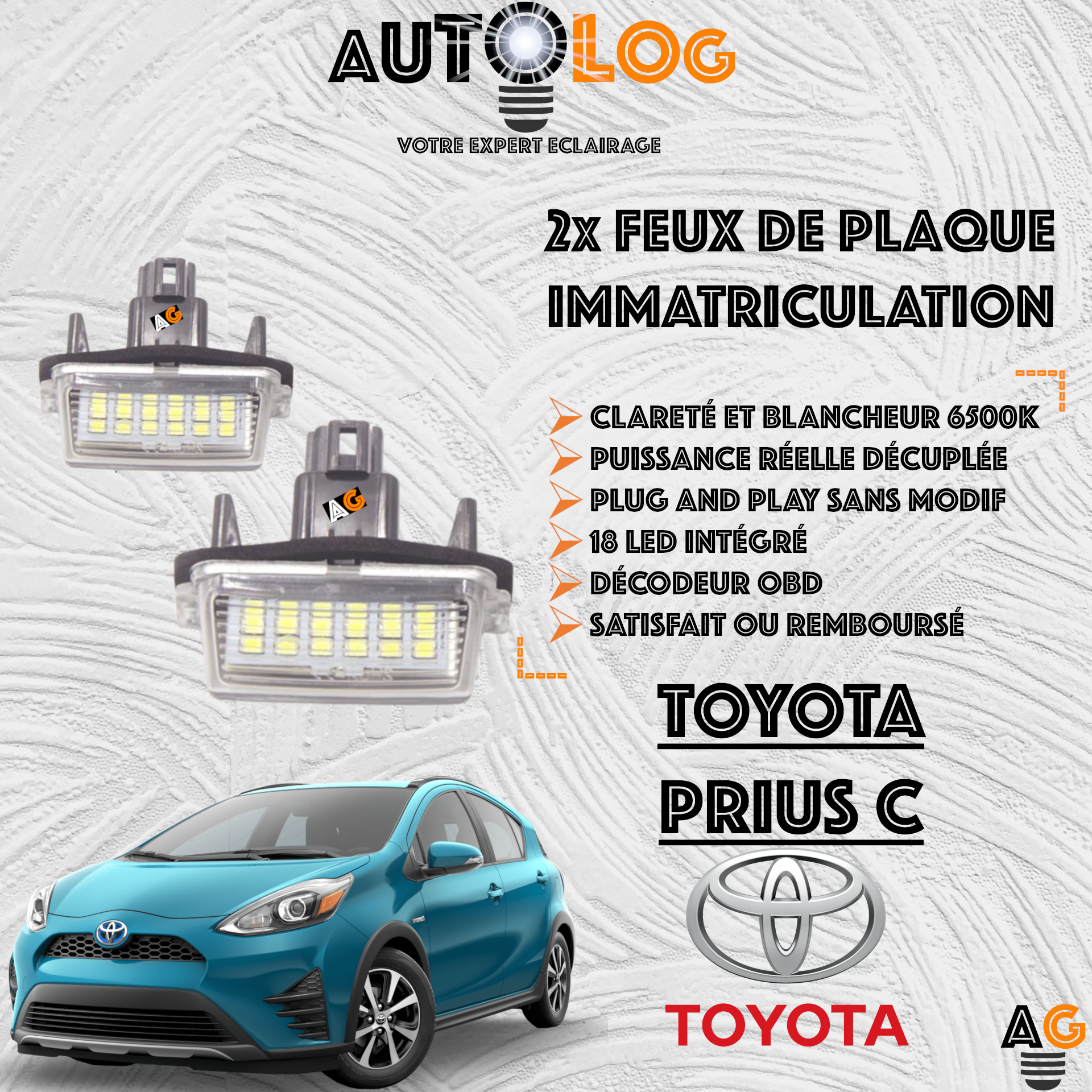2x Feux Plaque d'immatriculation LED TOYOTA PRIUS C