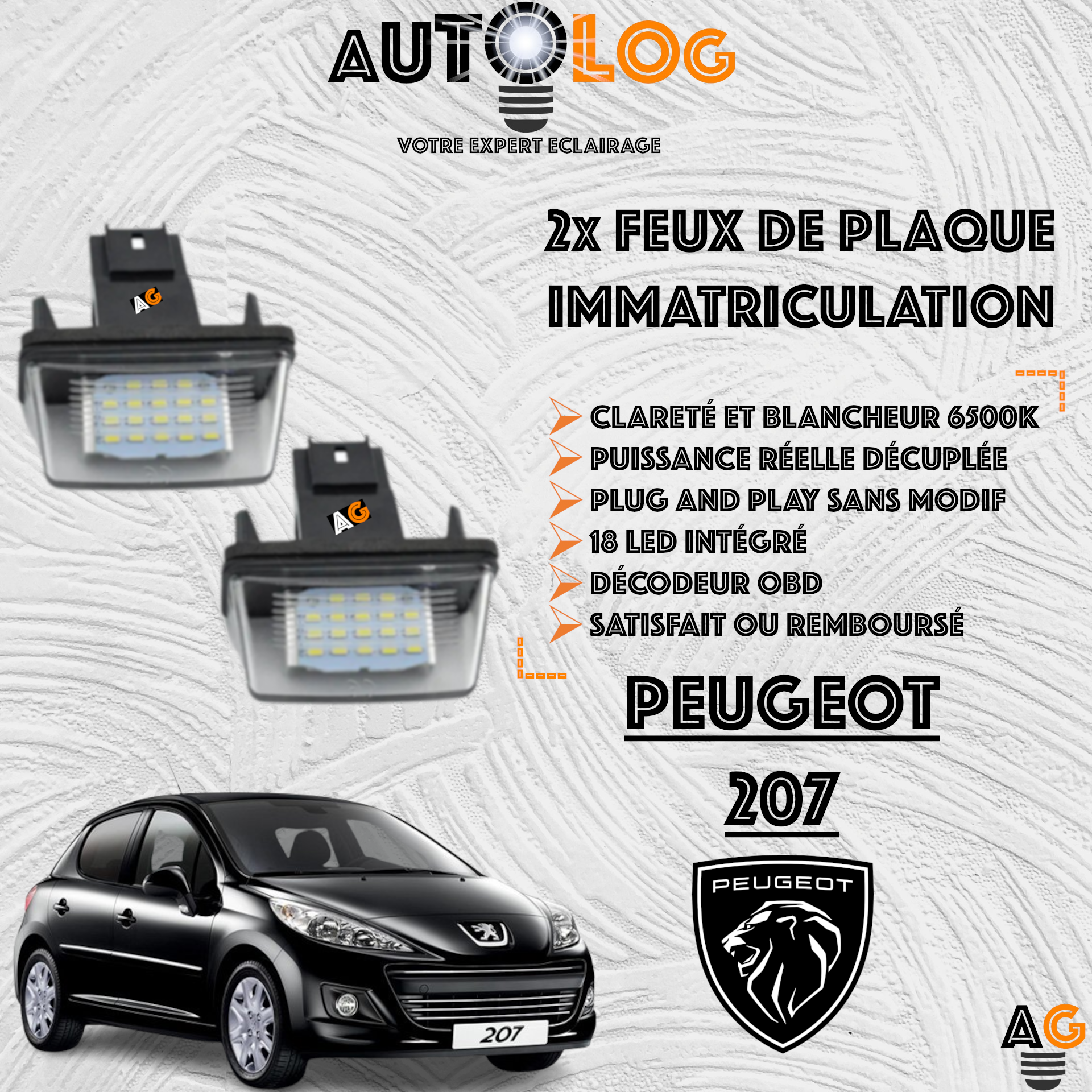 2x Feux de plaque d'immatriculation LED Peugeot 207