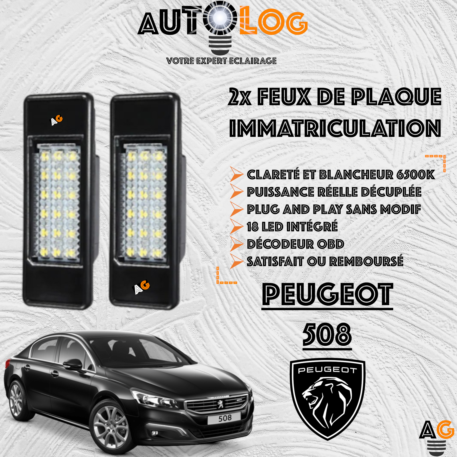 2x Feux de plaque d'immatriculation LED Peugeot 508
