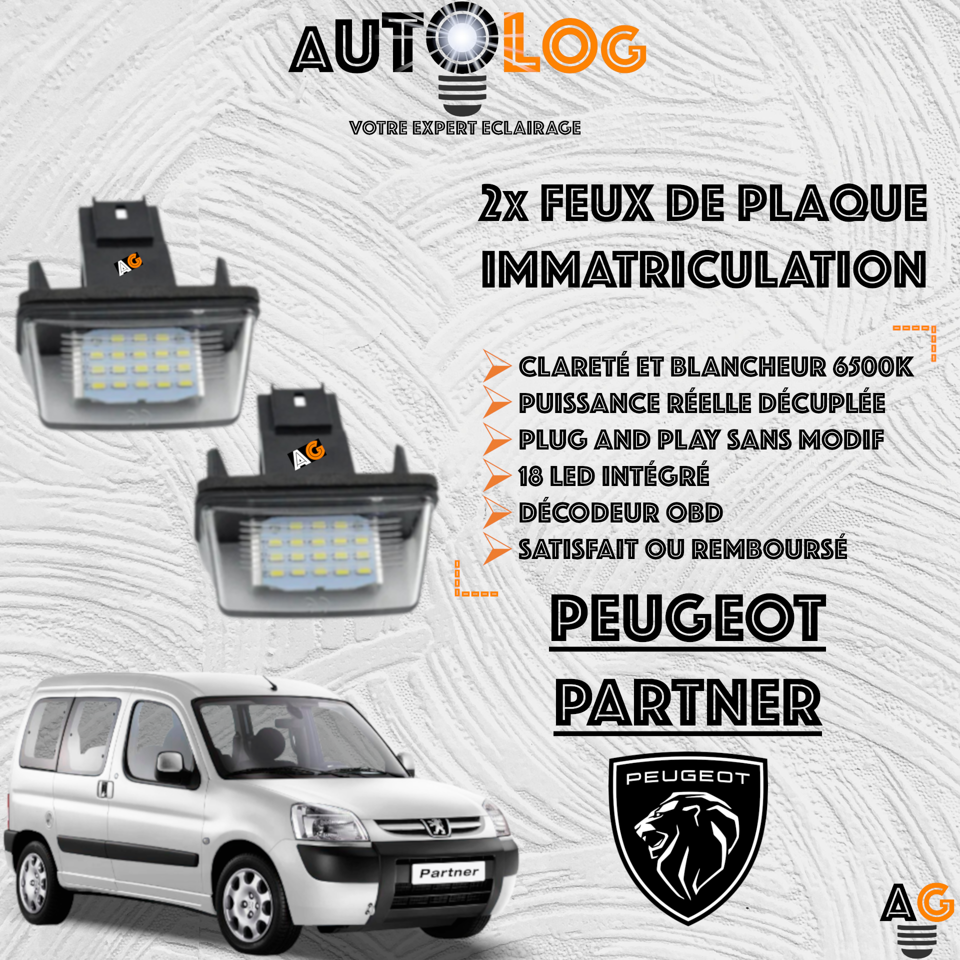 2x Feux de plaque d'immatriculation LED Peugeot Partner II