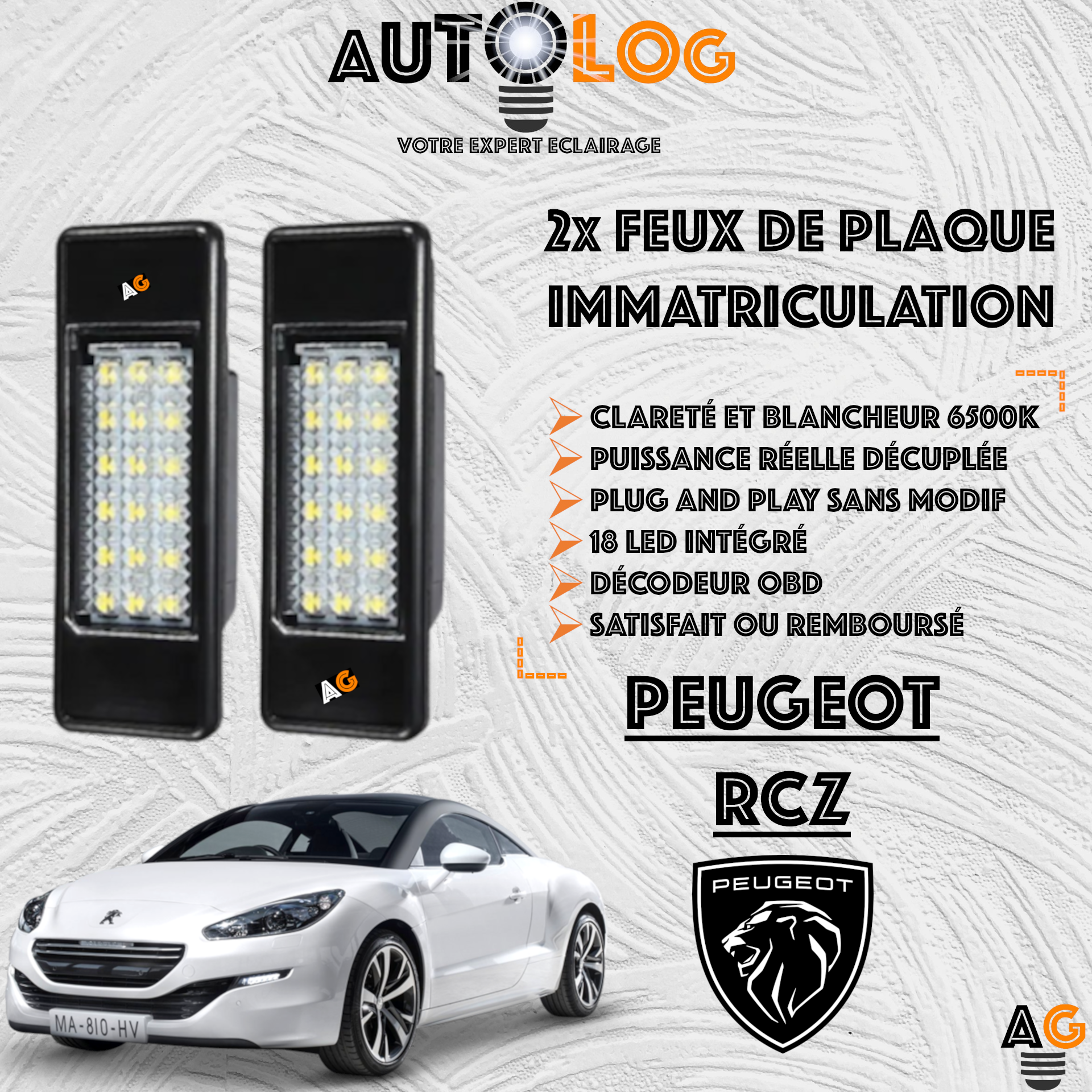 2x Feux de plaque d'immatriculation LED Peugeot RCZ